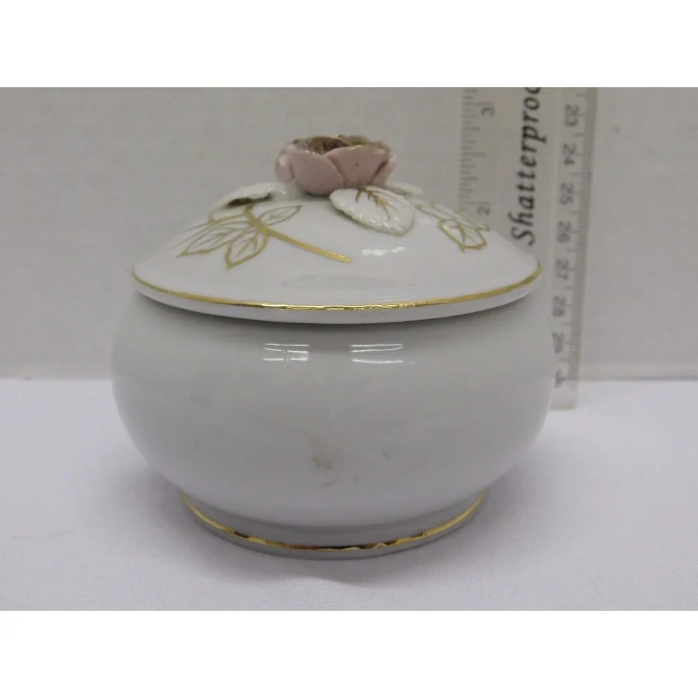 Vintage Porcelain Gilded Floral Trinket Dish With Lid